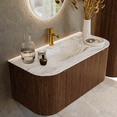 MONDIAZ KURVE-DLUX 100cm badmeubel met module 25 Len R kleur Walnut met 1 lade en 2 deuren. Wastafel GRUNNE midden 1 kraangat kleur Glace.