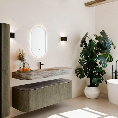 MONDIAZ THOR-DLUX 140cm meuble de salle de bains arrondi gauche + droite couleur Shadow avec 1 tiroir et 2 portes. Vasque suspendue CLOUD Milieu 1 trou de robinet couleur Oza.