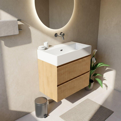 Saniclass Holz Atelier Ensemble de meubles de salle de bains - 80x45x72cm - lavabo Legend en céramique blanc - 1 vasque - sans trou de robinet - 2 tiroirs - chêne natural mat (bois)