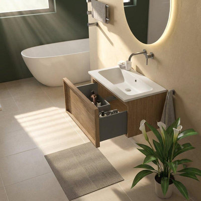 Saniclass Holz Frame Ensemble de meubles de salle de bains - 80x45x57.5cm - lavabo Torino en Solid Surface blanc - sans trou de robinet - 1 tiroir - chêne natural mat (bois)