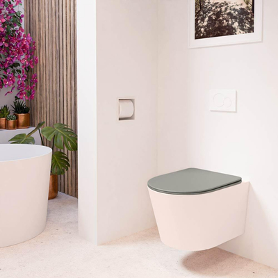 Mondiaz LAVIE hangtoilet – spoelrandloos – 36 x 53 cm – met softclose zitting – Rosee (roze), zitting Smoke (lichtbruin)