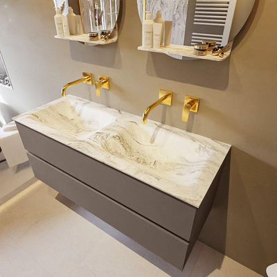 Mondiaz VICA-DLUX Ensemble de meuble de salle de bain - 120cm - meuble sous-vasque fumée - 2 tiroirs - lavabo encastré nuage double - sans trous de robinet - version haute 60cm - glace