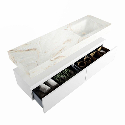 Mondiaz ALAN-DLUX Ensemble de meuble - 150cm - meuble Talc mat - 2 tiroirs - Lavabo Cloud Frappe suspendu - vasque Droite - 1 trou de robinet
