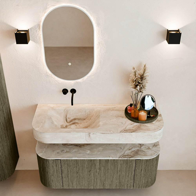 MONDIAZ THOR-DLUX 120cm meuble de salle de bains arrondi gauche + droite couleur Shadow avec 1 tiroir et 2 portes. Vasque suspendue CLOUD Gauche sans trou de robinet couleur Frappe.