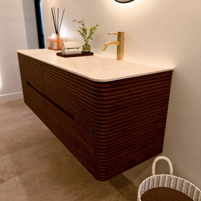 Mondiaz CIRO-DLUX Badkamermeubelset - 140x45x50cm - Solid surface wastafel Meli - 1 wasbak Rechts - 1 kraangat - 4 lades - Ruby