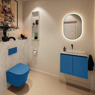 MONDIAZ TURE-DLUX Meuble toilette - 60cm - Jeans - EDEN - vasque Opalo - position centrale - sans trou de robinet