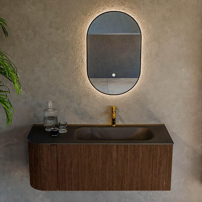 MONDIAZ KURVE Meuble de salle de bains 115 cm avec module 25 L couleur Walnut avec 1 tiroir et 1 porte. Lavabo BIG SMALL à droite 1 trou de robinet Urban.