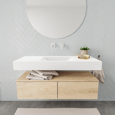 MONDIAZ ALAN 120cm - meuble bas - chêne délavé - 2 tiroirs - vasque suspendue - lavabo au centre - 0 trous de robinet - talc