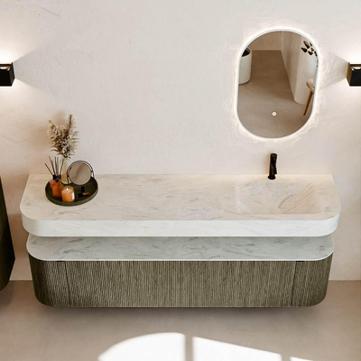 MONDIAZ THOR-DLUX Meuble de salle de bains 190cm arrondi gauche + droite couleur Shadow avec 2 tiroirs et 2 portes. Vasque suspendue CLOUD Droite 1 trou de robinet couleur Opalo.