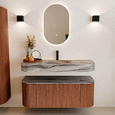 MONDIAZ THOR-DLUX 120cm badmeubel ronding links + rechts kleur Ruby met 1 lade en 2 deuren. Vrijhangende wastafel CLOUD Midden 1 kraangat kleur Sombra.