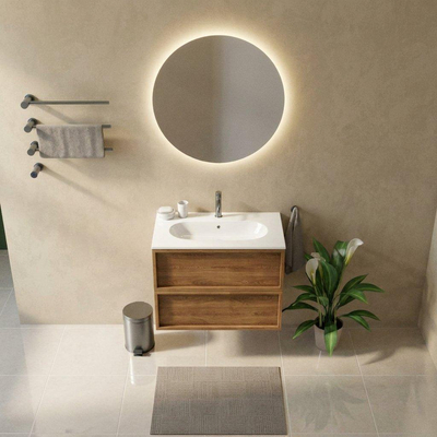 Saniclass Holz Frame Ensemble meuble de salle de bains - 80x45x73.9cm - Lavabo en céramique Chaci blanc - 1 vasque - 1 trou de robinet - 2 tiroirs - chêne natural mat (bois)