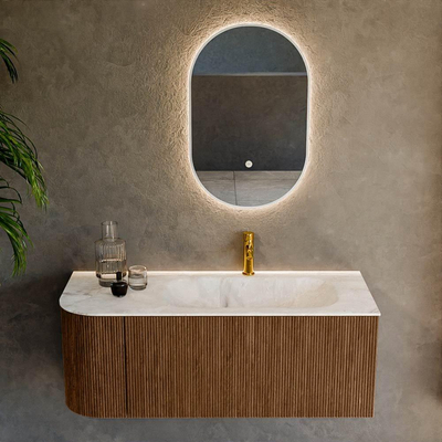 MONDIAZ KURVE-DLUX 115cm Meuble salle de bain avec module 25 G - couleur Walnut - 1 tiroir - 1 porte - vasque BIG SMALL droite - 1 trou de robinet - couleur Frappe