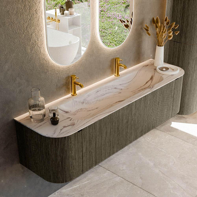 MONDIAZ KURVE-DLUX meuble de salle de bains 170cm courbure Gauche + Droite couleur Shadow avec 1 tiroir et 2 portes. Lavabo BIG LARGE Central 2 trous de robinet Nata.