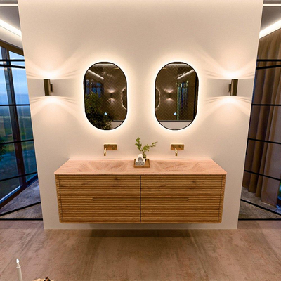 Mondiaz CIRO-DLUX Meuble de salle de bains - 160x45x50cm - Plan vasque Solid surface Saba - 2 bacs Double - sans trous de robinet - 4 tiroirs - Chêne