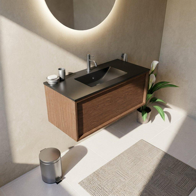 Saniclass Holz Frame Ensemble meuble de salle de bains - 100x45x42cm - Lavabo Vygo en céramique noir - 1 vasque - 1 trou de robinet - 1 tiroir - walnut pure mat (bois)