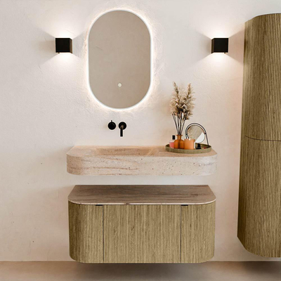 MONDIAZ THOR-DLUX Meuble de salle de bains 100cm arrondi gauche + droite couleur Dusk avec 1 tiroir et 2 portes. Vasque suspendue CLOUD Gauche sans trou de robinet couleur Saba.