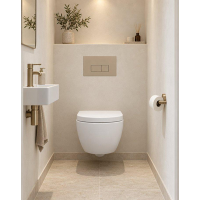 QeramiQ Dely Swirl Compact Toiletset - inbouwreservoir Geberit UP320 - met Burda frame - 25mm zitting - kunststof bedieningsplaat taupe - rechthoekige knoppen - mat wit