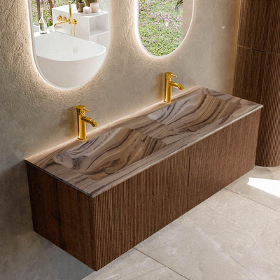 MONDIAZ KURVE-DLUX 130cm badmeubel kleur Walnut met 2 lades en 0 deuren. Wastafel LEAF Dubbel 2 kraangaten Sombra.