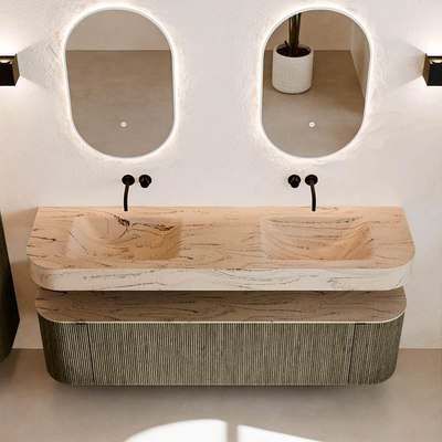 MONDIAZ THOR-DLUX 170cm meuble de salle de bains arrondi gauche + droite couleur Shadow avec 1 tiroir et 2 portes. Vasque suspendue CLOUD Double sans trou de robinet couleur Arena.