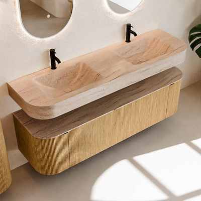 MONDIAZ THOR-DLUX 160cm meuble de salle de bains arrondi gauche + droite couleur Oak avec 1 tiroir et 2 portes. Vasque suspendue CLOUD Double 2 trous de robinet couleur Saba.