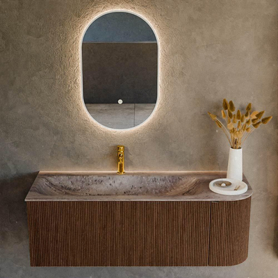 MONDIAZ KURVE-DLUX 125cm badmeubel ronding Rechts kleur Walnut met 1 lade en 1 deur. Wastafel BIG MEDIUM Links 1 kraangat Oza.