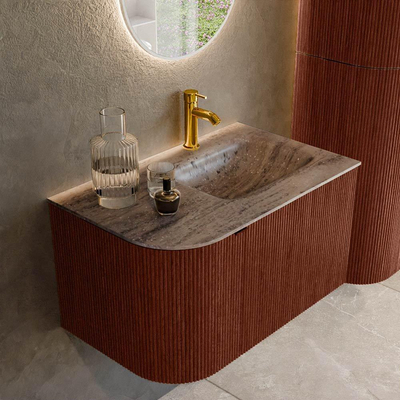 MONDIAZ KURVE-DLUX 75cm badmeubel ronding Links kleur Ruby met 1 lade en 1 deur. Wastafel GRUNNE Rechts 1 kraangat Oza.