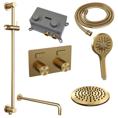 Brauer Gold Carving douche thermostatique à effet pluie avec bouton-poussoir 69 20cm douche de tête bras mural courbé 3 positions douche à main flexible de douche coulissant intégré pvd brossé or