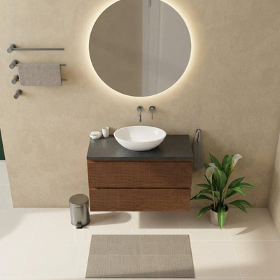 Saniclass Holz Atelier Ensemble meuble de salle de bains - 100x45x63cm - plan vasque en basalte Noche poli (noir) - sans trou de robinetterie - 2 tiroirs - walnut pure mat (bois)