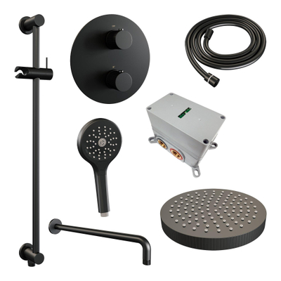 BRAUER Stripe Thermostatische Inbouw Regendouche - 3-weg - rond - SET 47 - 25cm douchekop - gebogen muurarm - 3-standen handdouche - doucheslang - geïntegreerde glijstang - mat zwart