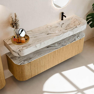 MONDIAZ THOR-DLUX 170cm badmeubel ronding links + rechts kleur Oak met 1 lade en 2 deuren. Vrijhangende wastafel CLOUD Rechts 1 kraangat kleur Glace.