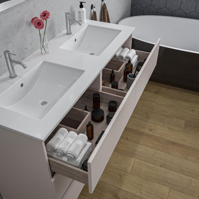 Saniclass Chaci PLUS Ensemble meuble de salle de bains - 120x86x46cm - lavabo en céramique blanc - 2 vasques - 2 trous de robinet - 6 tiroirs - miroir rectangulaire - cotton mat (beige)