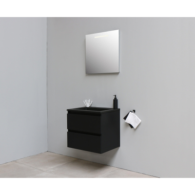 Basic Bella Meuble salle de bains avec lavabo acrylique Noir 60x55x46cm sans trous de robinet avec miroir et éclairage Noir mat