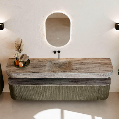 MONDIAZ THOR-DLUX 200cm meuble de salle de bains arrondi gauche + droite couleur Shadow avec 2 tiroirs et 2 portes. Vasque suspendue CLOUD Milieu sans trou de robinet couleur Oza.