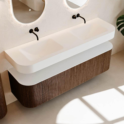 MONDIAZ THOR 160cm meuble de salle de bains arrondi gauche + droite couleur Walnut avec 1 tiroir et 2 portes. Vasque suspendue CLOUD Double sans trou de robinet couleur Talc.