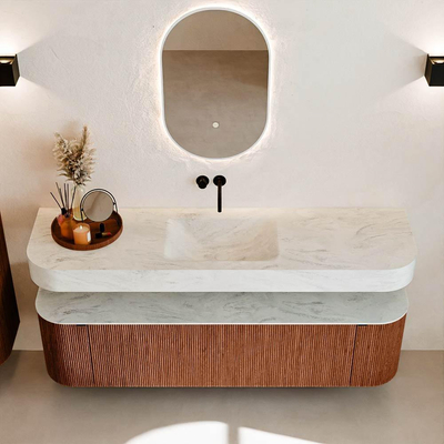 MONDIAZ THOR-DLUX 170cm meuble de salle de bains arrondi gauche + droite couleur Ruby avec 1 tiroir et 2 portes. Vasque suspendue CLOUD Milieu sans trou de robinet couleur Opalo.