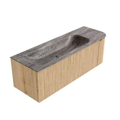 MONDIAZ KURVE-DLUX Meuble de salle de bains 135cm arrondi à droite couleur Oak avec 1 tiroir et 1 porte. Lavabo BIG MEDIUM gauche 1 trou de robinet Oza.