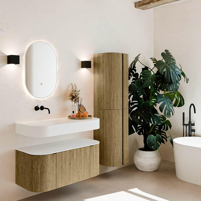 MONDIAZ THOR 100cm meuble de salle de bains arrondi gauche + droite couleur Dusk avec 1 tiroir et 2 portes. Vasque suspendue CLOUD gauche sans trou de robinet couleur Talc.