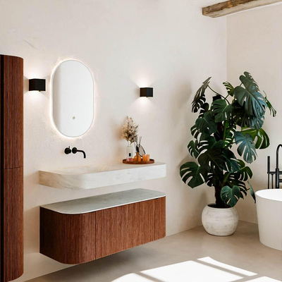 MONDIAZ THOR-DLUX 120cm meuble de salle de bains arrondi gauche + droite couleur Ruby avec 1 tiroir et 2 portes. Vasque suspendue CLOUD Gauche sans trou de robinet couleur Opalo.