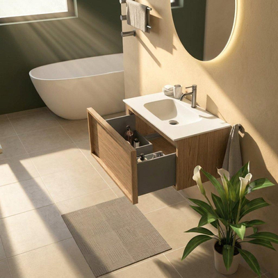 Saniclass Holz Frame Badkamermeubelset - 80x45x41.5cm - Flow solid surface wastafel wit - 1 wasbak - 1 kraangat - 1 lade - mat eiken natural (hout)