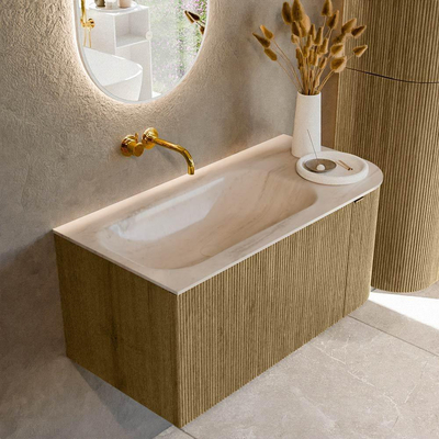 MONDIAZ KURVE-DLUX Meuble de salle de bains 95cm arrondi à droite couleur Dusk avec 1 tiroir et 1 porte. Lavabo BIG SMALL à gauche sans trou de robinet Meli.