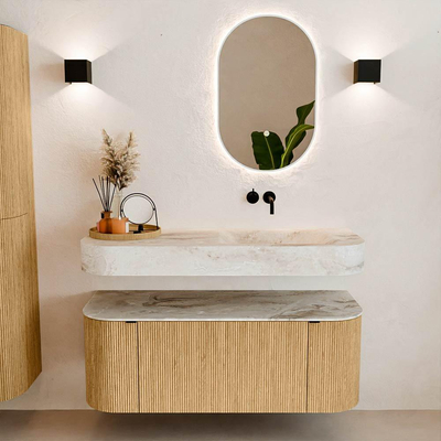 MONDIAZ THOR-DLUX 120cm badmeubel ronding links + rechts kleur Oak met 1 lade en 2 deuren. Vrijhangende wastafel CLOUD Rechts zonder kraangat kleur Frappe.