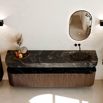 MONDIAZ THOR-DLUX 200cm meuble de salle de bains arrondi gauche + droite couleur Walnut avec 2 tiroirs et 2 portes. Vasque suspendue CLOUD Droite sans trou de robinet couleur Lava.