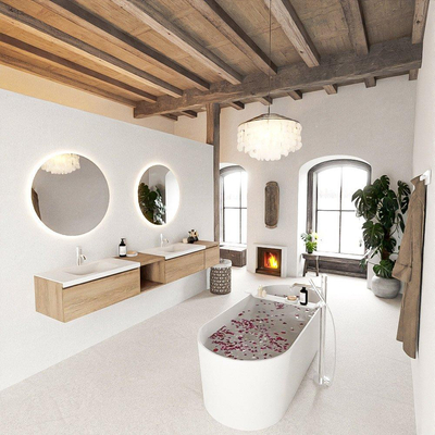MONDIAZ BUKLA 240cm ensemble de meuble avec module ouvert 40 gauche couleur Chêne blanchi avec 3 tiroirs. Lavabo CLOUD double 2 trous de robinet couleur Talc.