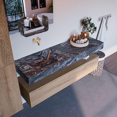 Mondiaz ALAN-DLUX Ensemble de meuble - 150cm - meuble Washed Oak mat - 1 tiroir - Lavabo Cloud Lava suspendu - vasque Gauche - 0 trous de robinet