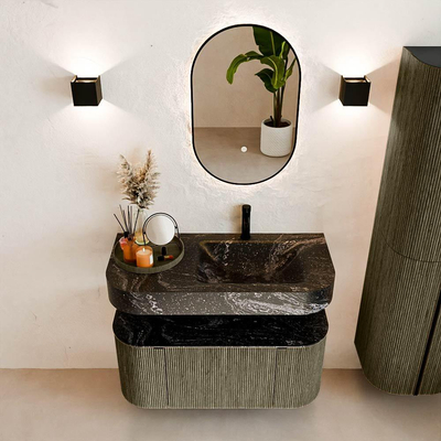 MONDIAZ THOR-DLUX 100cm meuble de salle de bains arrondi gauche + droite couleur Shadow avec 1 tiroir et 2 portes. Vasque suspendue CLOUD Droite 1 trou de robinet couleur Lava.