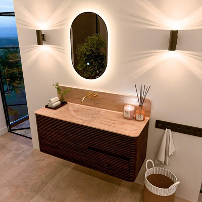 Mondiaz CIRO-DLUX Badkamermeubelset - 120x45x50cm - Solid surface wastafel Saba - 1 wasbak Links - zonder kraangaten - 2 lades - Walnut