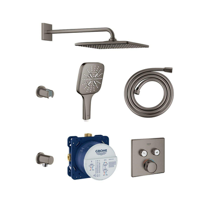 GROHE Grohtherm SmartControl Ensemble de douche de tête encastré - douche de tête carrée 31cm - douchette carrée - bras mural - graphite brossé foncé