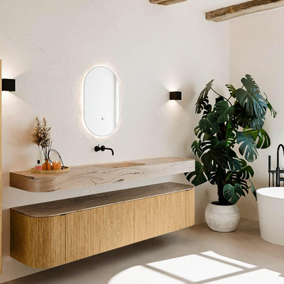 MONDIAZ THOR-DLUX Meuble de salle de bains - 200cm - arrondi gauche + droite - couleur Oak - 2 tiroirs et 2 portes - Vasque suspendue CLOUD Milieu sans trou de robinet - couleur Arena