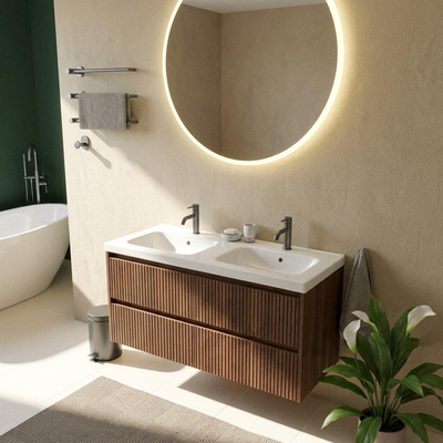 Saniclass Holz Atelier Ensemble de meubles de salle de bains - 120x45x63.5cm - Lavabo en céramique Palermo blanc - 2 vasques - 2 trous de robinetterie - 2 tiroirs - walnut pure mat (bois)
