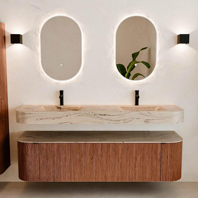 MONDIAZ THOR-DLUX 170cm meuble de salle de bains arrondi gauche + droite couleur Ruby avec 1 tiroir et 2 portes. Vasque suspendue CLOUD Double 2 trous de robinet couleur Arena.